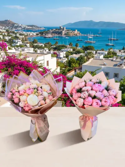İkili Pembe Gül ve Bahar Buketi Seti