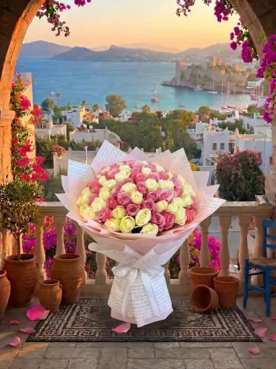 Kemer Manzaralı Pembe Krem Gül Buketi