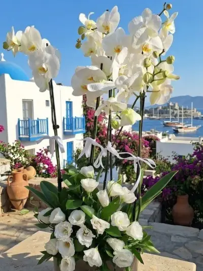 Cam Vazoda Çok Dallı Beyaz Orkide ve Lisianthus