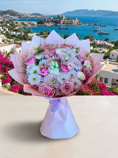 Mavi Ambalajda Pembe Mor Buketi