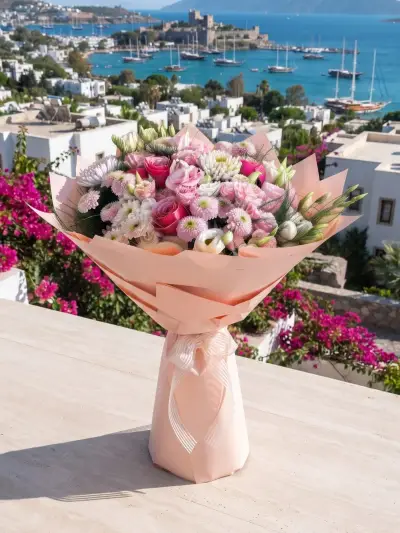 Kahve Rengi Ambalajlı Pembe Bahar Buketi