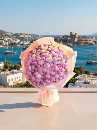 Mavi Ambalajlı Pastel Pembe Buketi