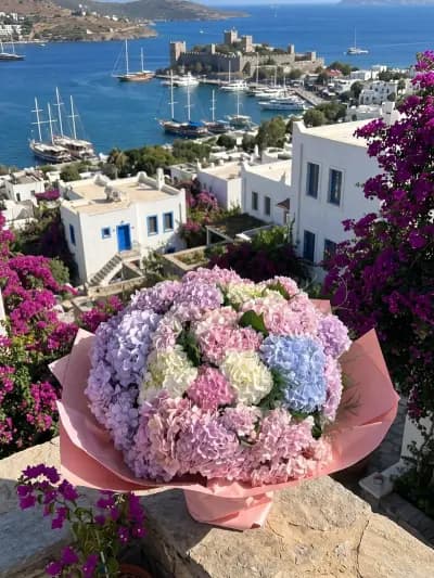 Pastel Mavi ve Pembe Ortanca Buketi