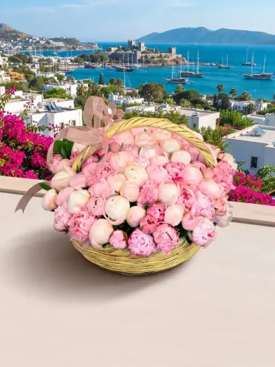 Hasır Sepette Pastel Pembe Güller