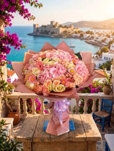 Kale Manzaralı Pembe Şeftali Gül Buketi