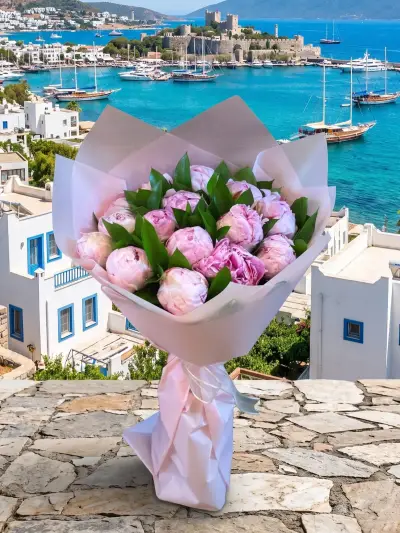Mavi Ambalajda Pembe Bahar Buketi