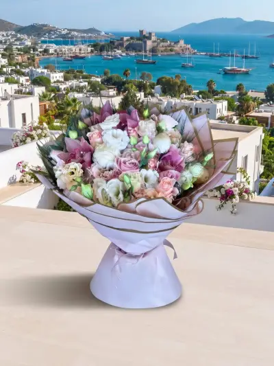 Mavi Ambalajda Beyaz ve Pembe Lilyumlar