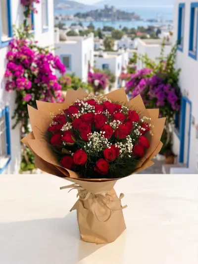 Kahverengi Ambalajlı Bordo Gül Buketi